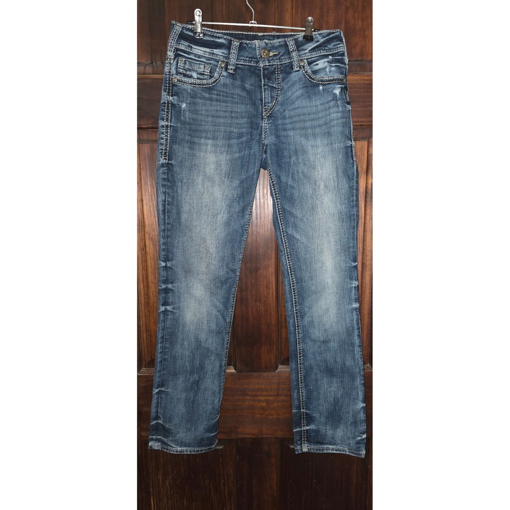 Silver Jeans Co Suki Mid Straight Leg Jeans W28 L30 Blue Distressed